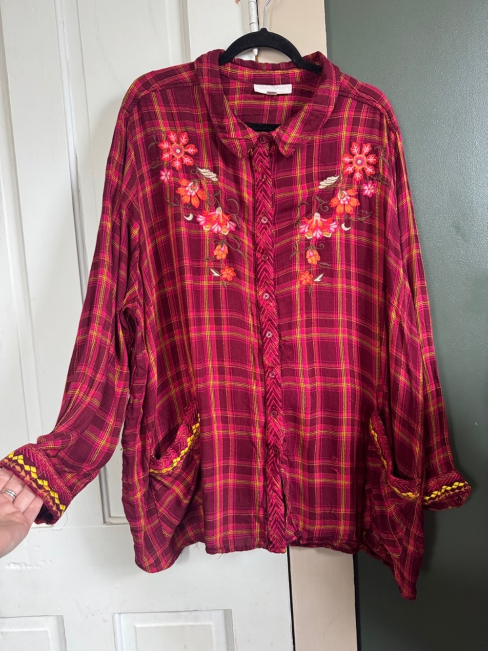 Woman Within Red Plaid Embroidered Button-Down Shirt